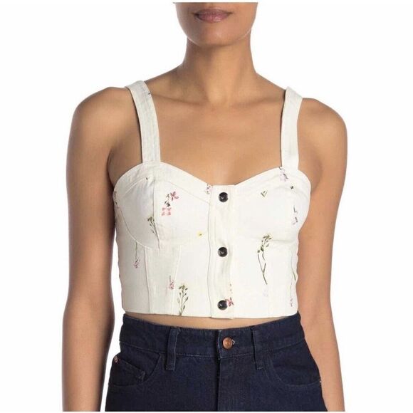 PARKER Womens Ivory Floral Denim Bustier Snap-Front Crop Top EUC Ivan Sz Large L - Picture 2 of 10